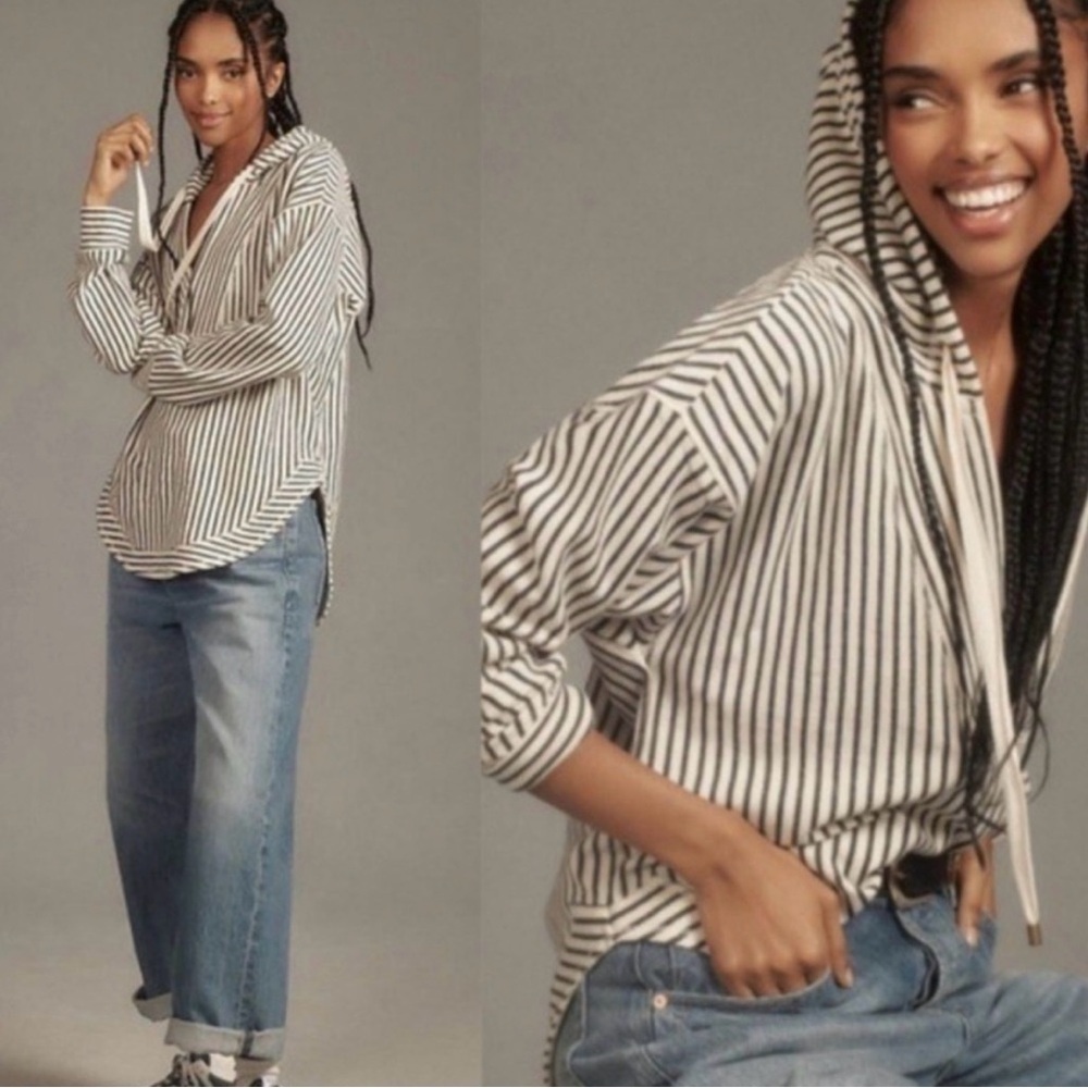 Anthropologie Pilcro Wharfside Hooded Sweatshirt vertical Stripes Beach XS